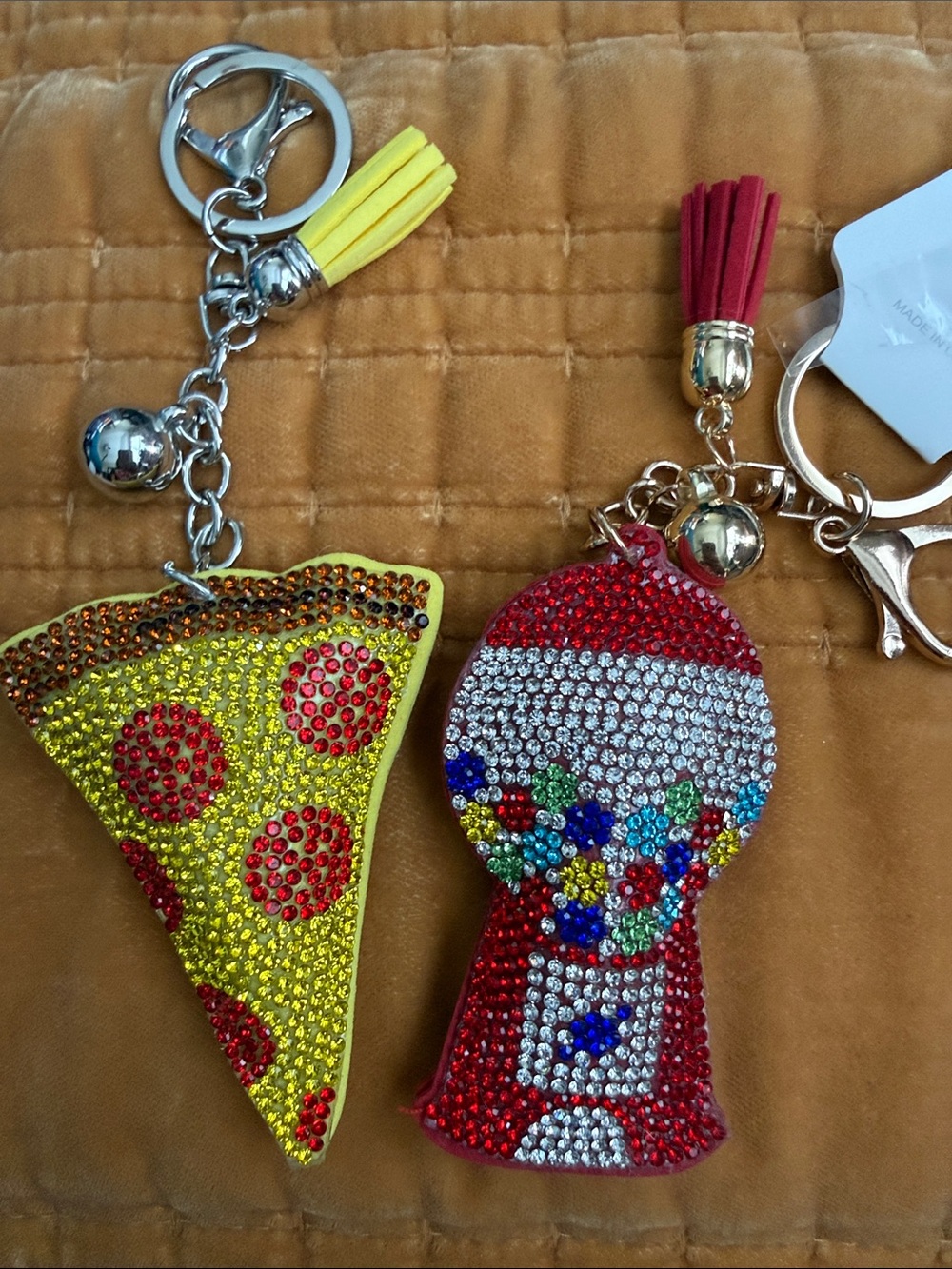 Crystal Pizza Slice & Gumball Machine Keychain Set - Yellow & Red